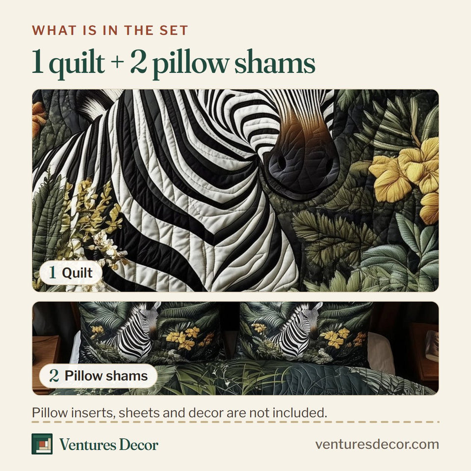 What is in the set: one quilt and two pillow shams, shown in the Zebra Floral Wilderness design