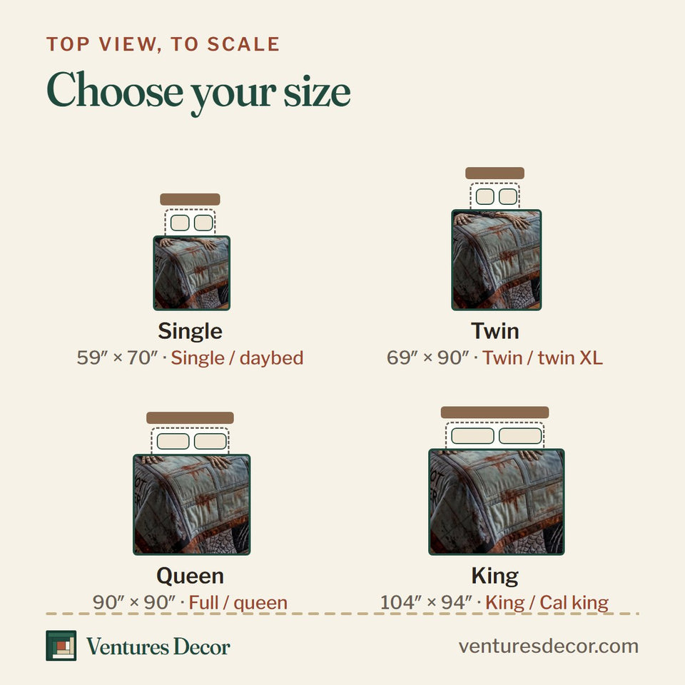 Size guide for the Zombie Escape quilt, top view to scale: Single 59 x 70 in, Twin 69 x 90 in, Queen 90 x 90 in, King 104 x 94 in