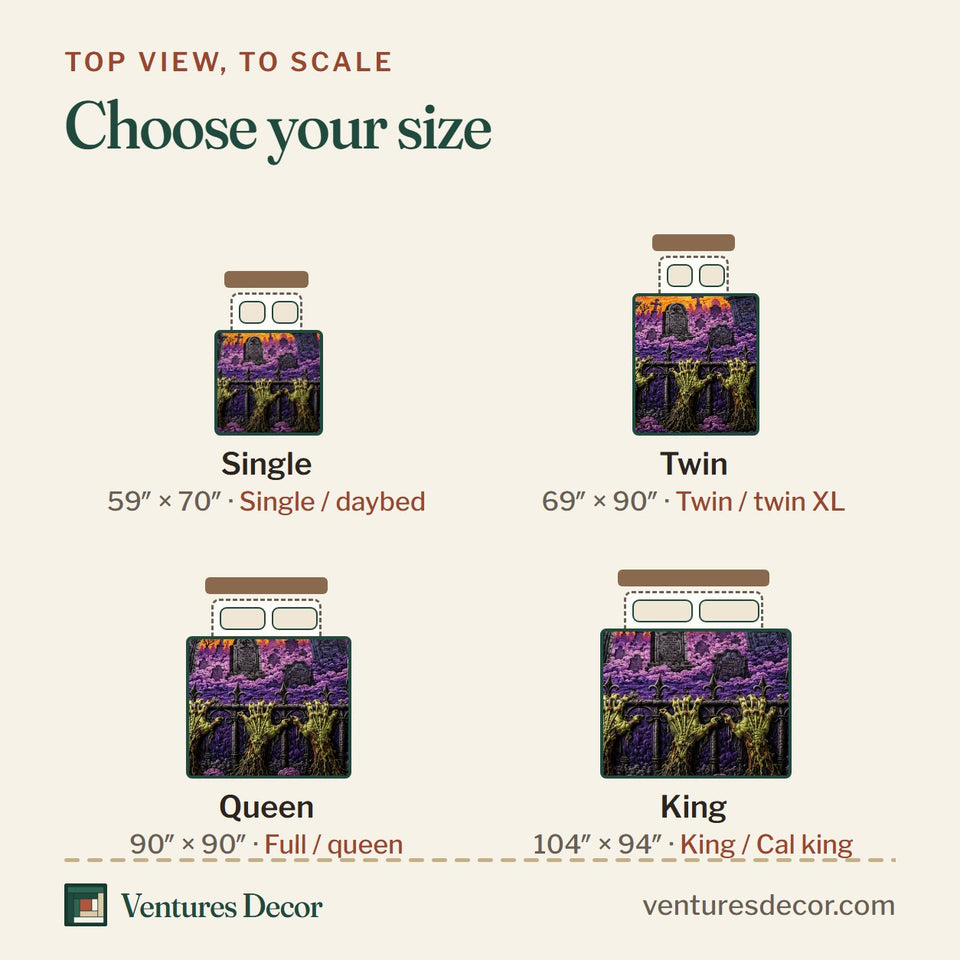 Size guide for the Zombie Hands Graveyard Sunset Field Of Grasping Hands quilt, top view to scale: Single 59 x 70 in, Twin 69 x 90 in, Queen 90 x 90 in, King 104 x 94 in